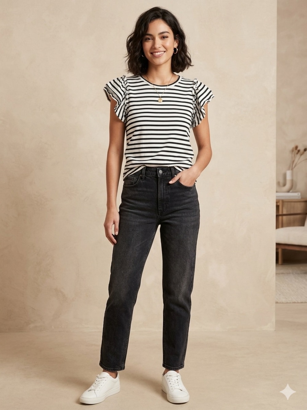 Striped Flutter Sleeve Tee in Black & White